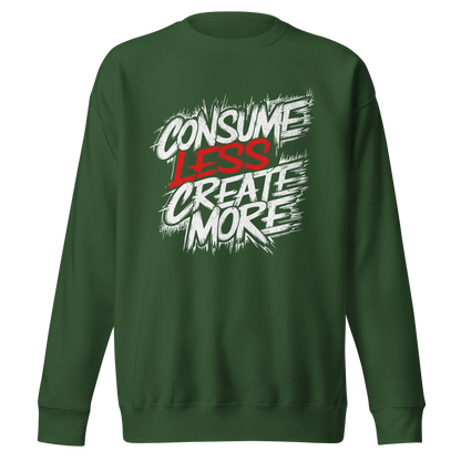 Waldgrüner Unisex Pullover mit Consume Less, Create More Schriftzug im Streetart Style