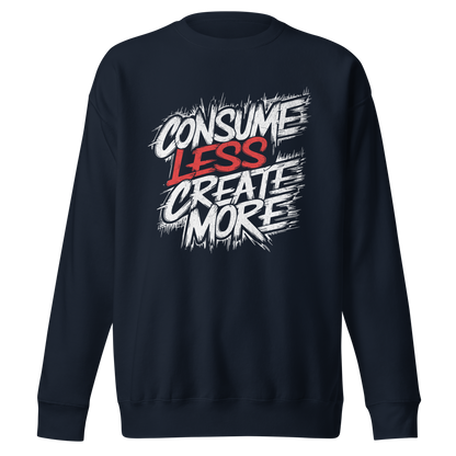 Navy Unisex Pullover mit Consume Less, Create More Schriftzug im Streetart Style
