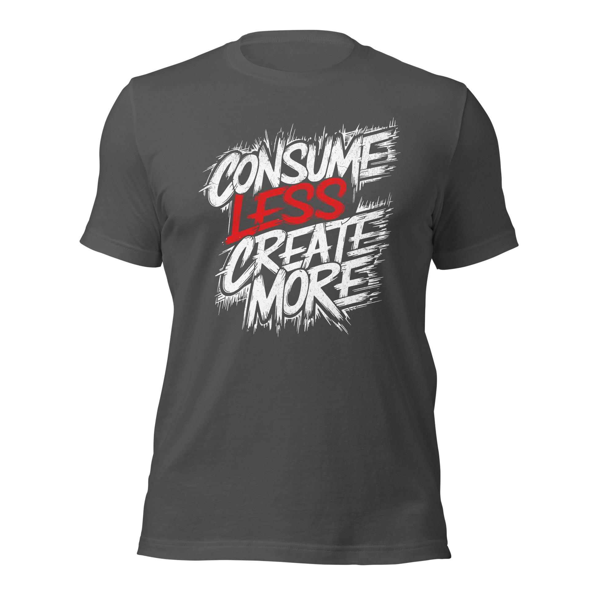 Asphalt graues Unisex T-Shirt mit   Consume Less, Create More Schriftzug im Streetart Style