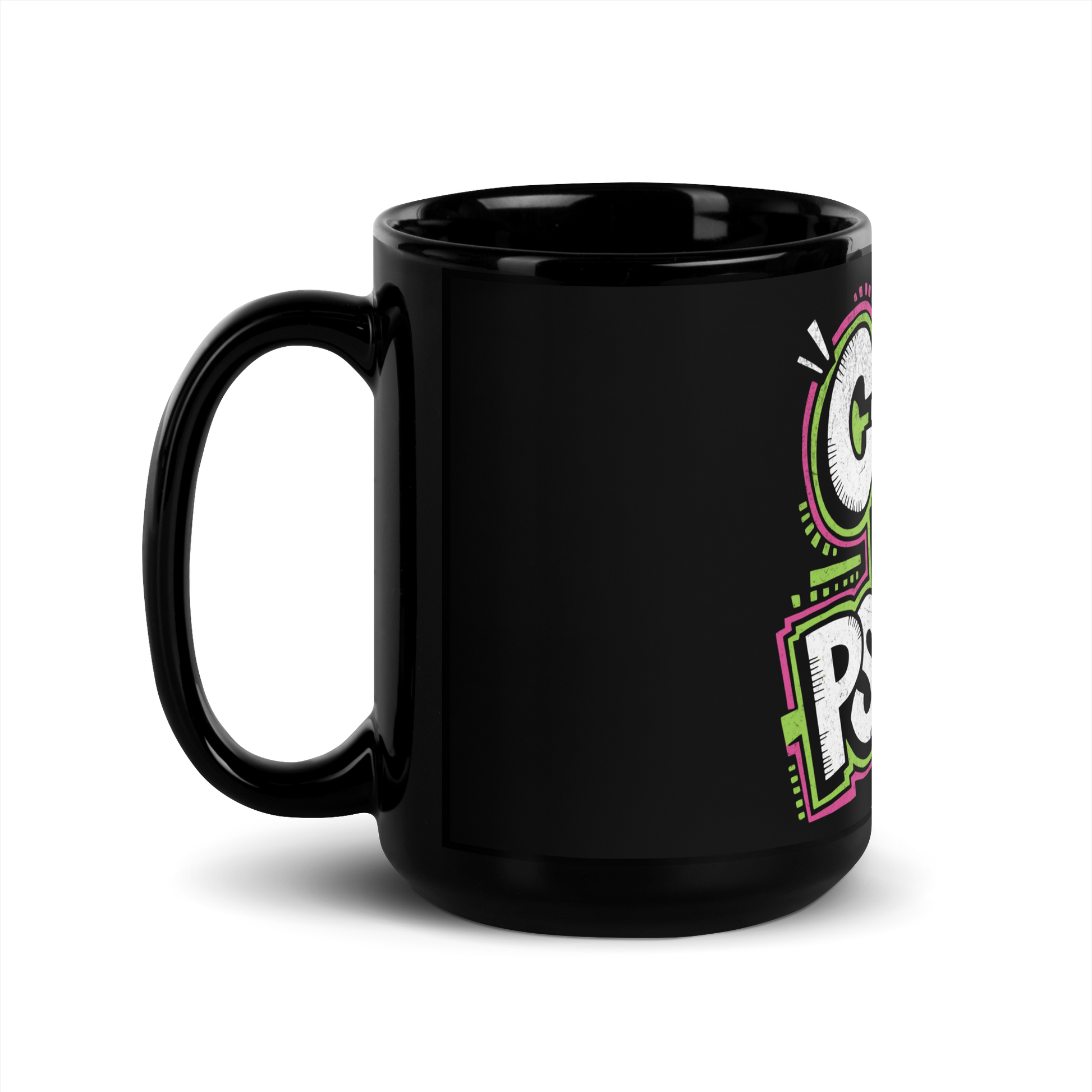 Schwarz glänzende Tasse mit Cute but Psycho Print mit pink und grünen Outlines, Seitenansicht Links