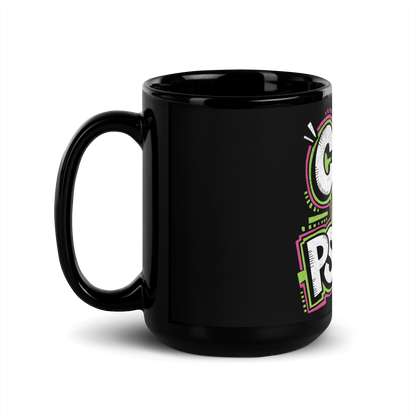 Schwarz glänzende Tasse mit Cute but Psycho Print mit pink und grünen Outlines, Seitenansicht Links