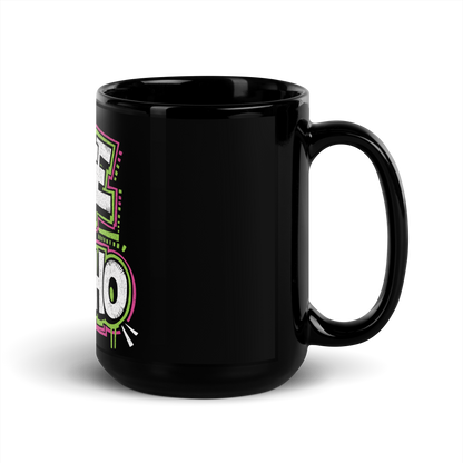 Schwarz glänzende Tasse mit Cute but Psycho Print mit pink und grünen Outlines, Seitenansicht Rechts