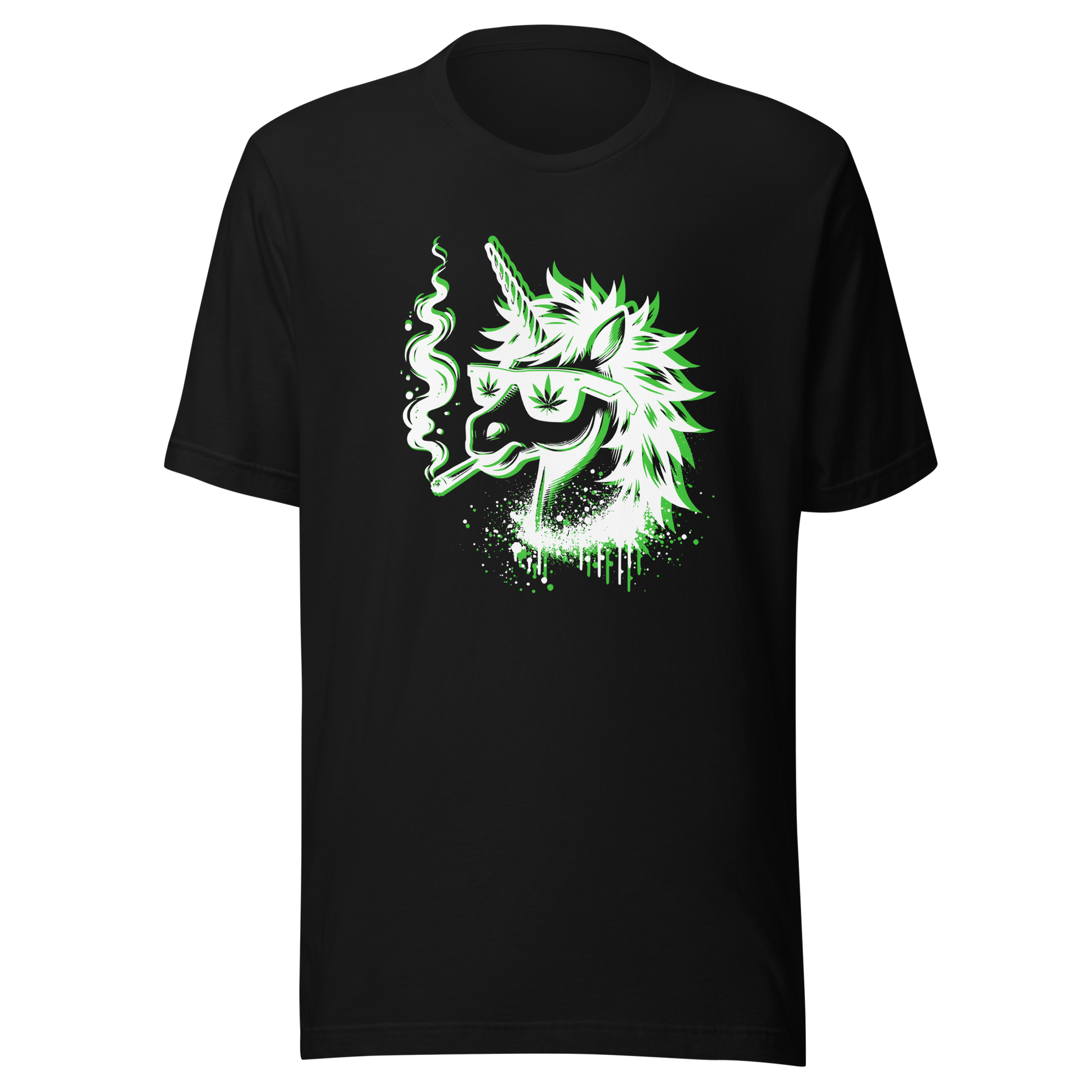 Schwarzes T-Shirt mit minimalistischem Einhorn Graffiti Print das raucht