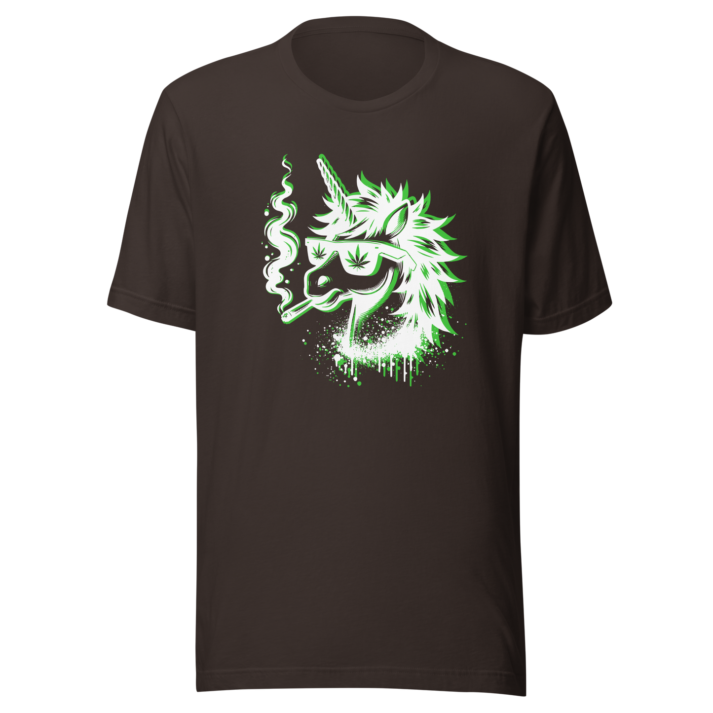 Braunes T-Shirt mit minimalistischem Einhorn Graffiti Print das raucht