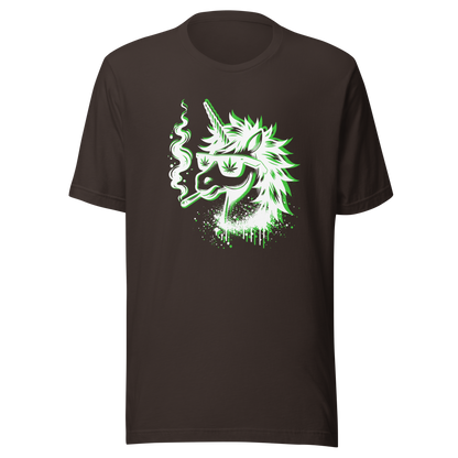 Braunes T-Shirt mit minimalistischem Einhorn Graffiti Print das raucht