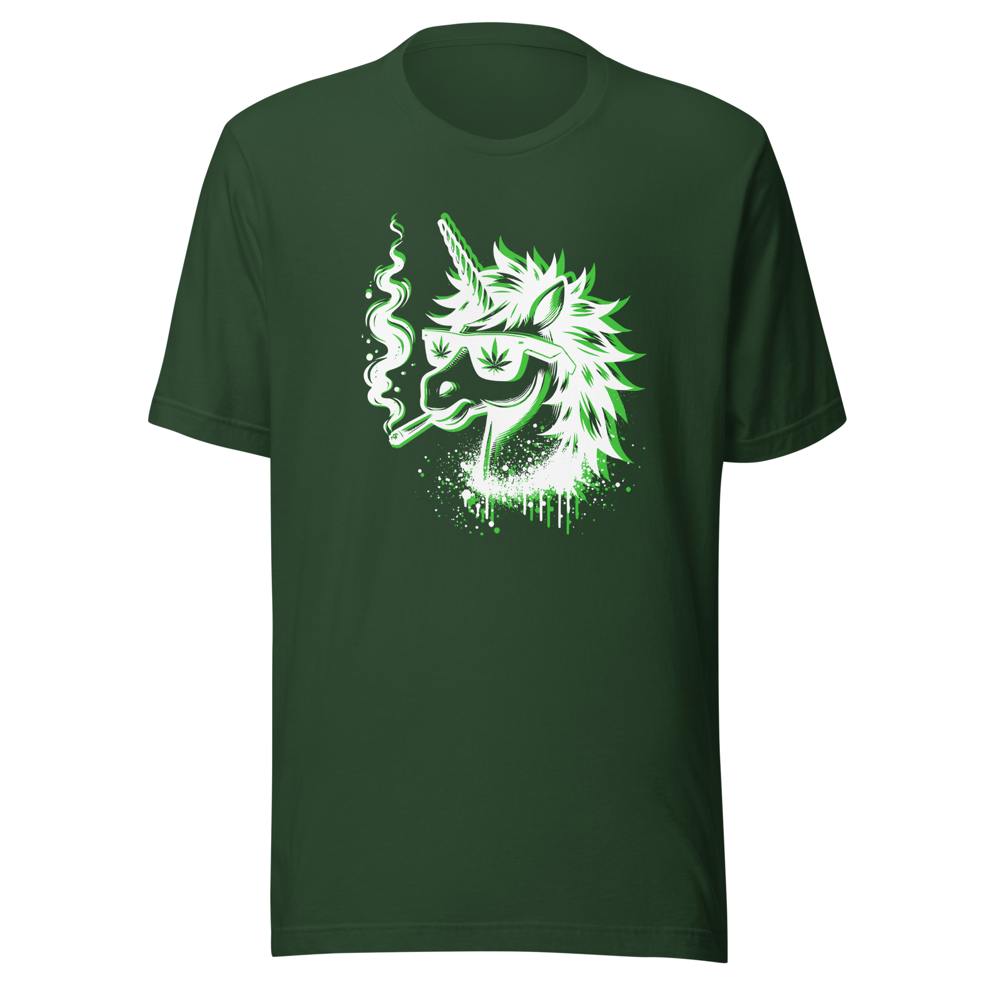Waldgrünes T-Shirt mit minimalistischem Einhorn Graffiti Print das raucht