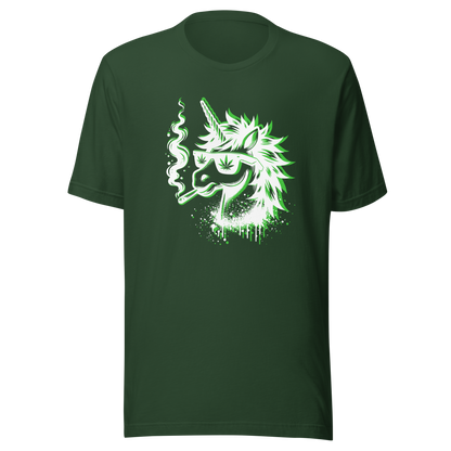 Waldgrünes T-Shirt mit minimalistischem Einhorn Graffiti Print das raucht