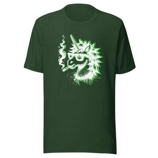 Waldgrünes T-Shirt mit minimalistischem Einhorn Graffiti Print das raucht