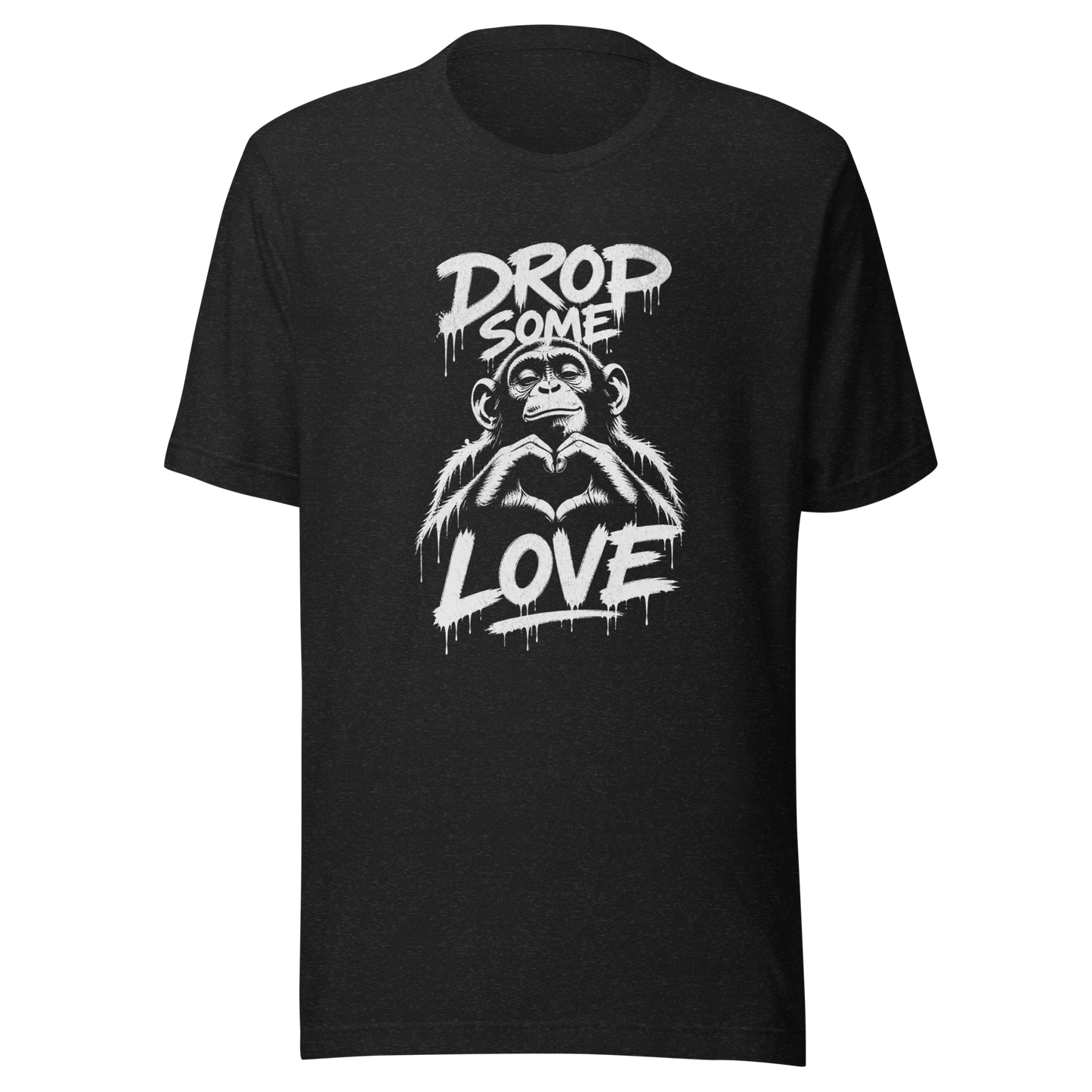 Heather schwarzes T-Shirt mit Affen der Herz formt und Drop some Love Schriftzug im Streetart style