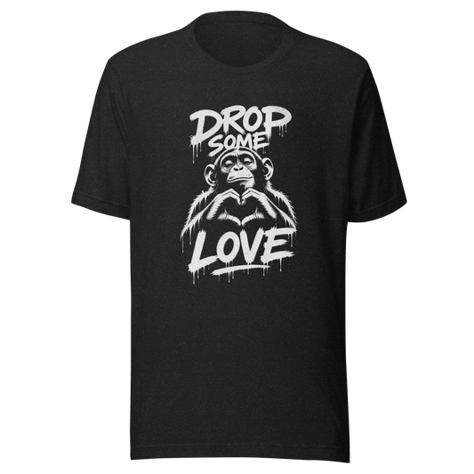 Heather schwarzes T-Shirt mit Affen der Herz formt und Drop some Love Schriftzug im Streetart style