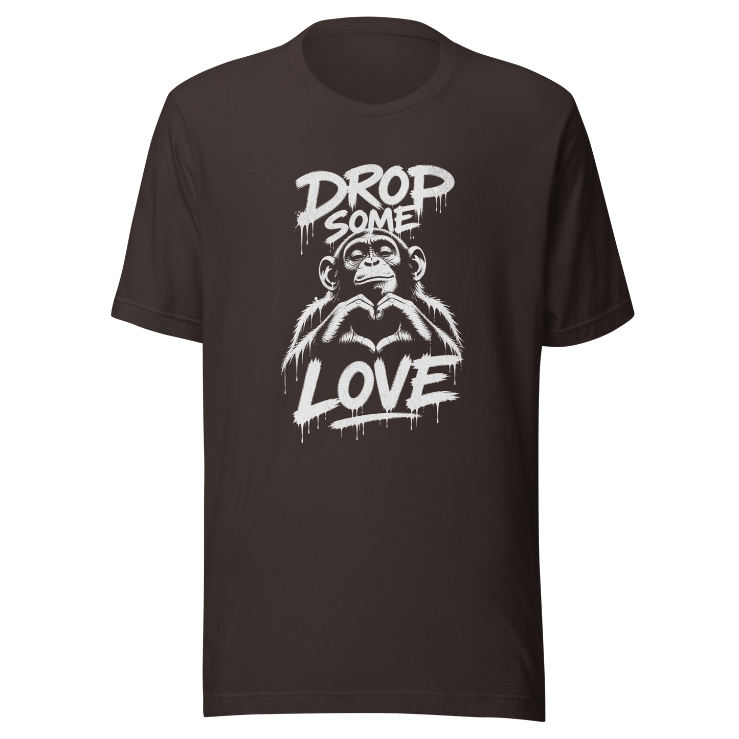 Braunes T-Shirt mit Affen der Herz formt und Drop some Love Schriftzug im Streetart style