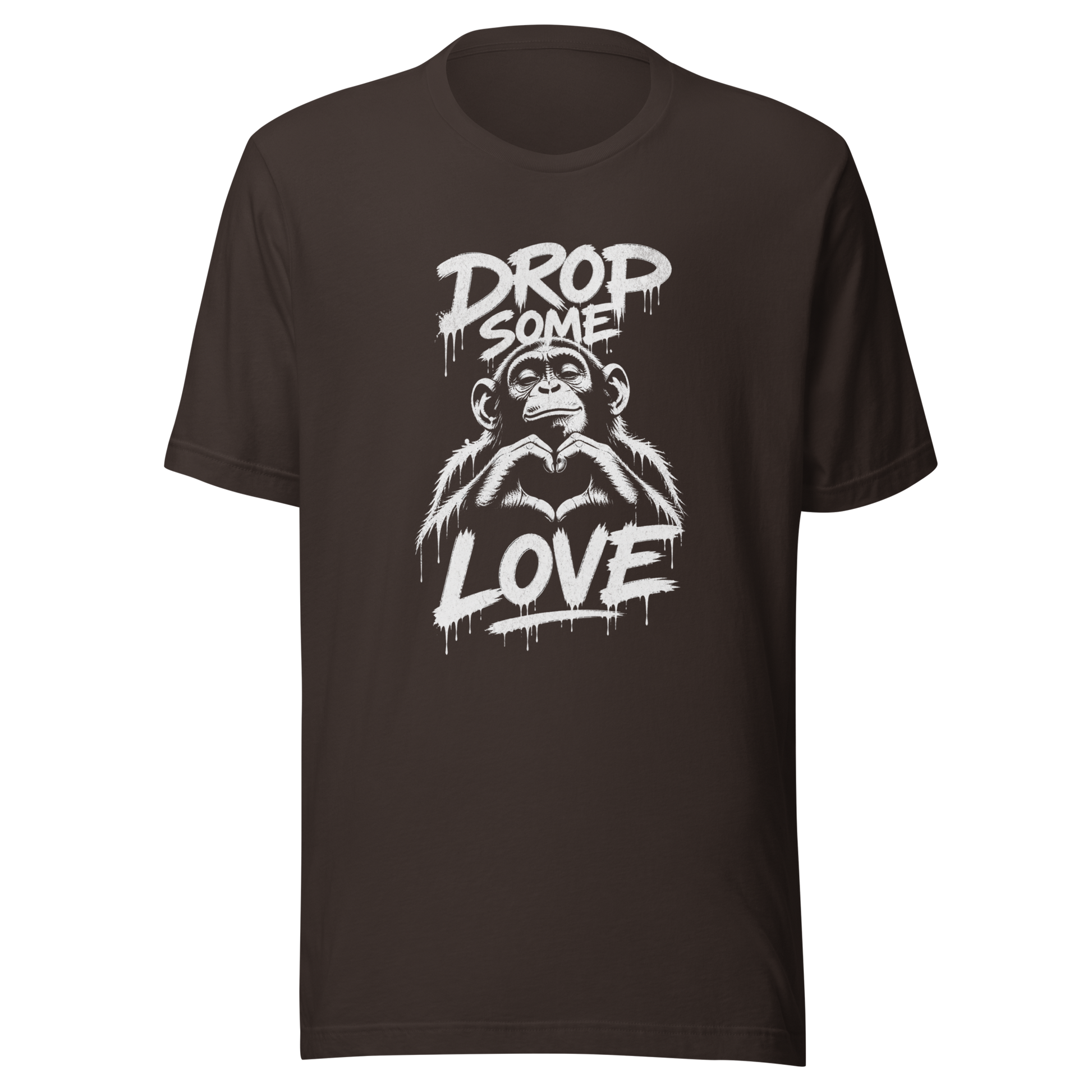 Braunes T-Shirt mit Affen der Herz formt und Drop some Love Schriftzug im Streetart style