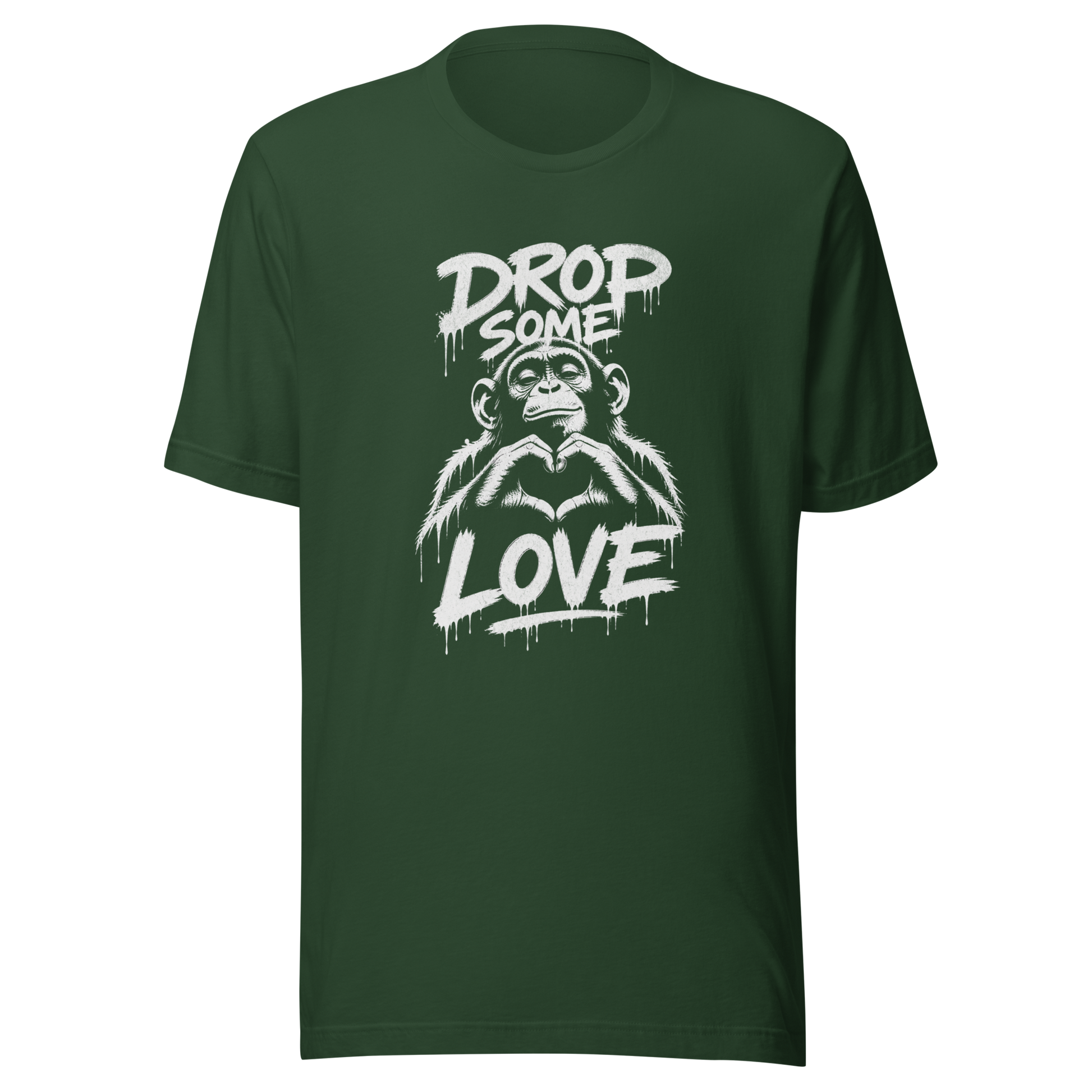 Grünes T-Shirt mit Affen der Herz formt und Drop some Love Schriftzug im Streetart style