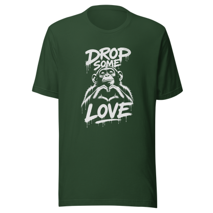Grünes T-Shirt mit Affen der Herz formt und Drop some Love Schriftzug im Streetart style