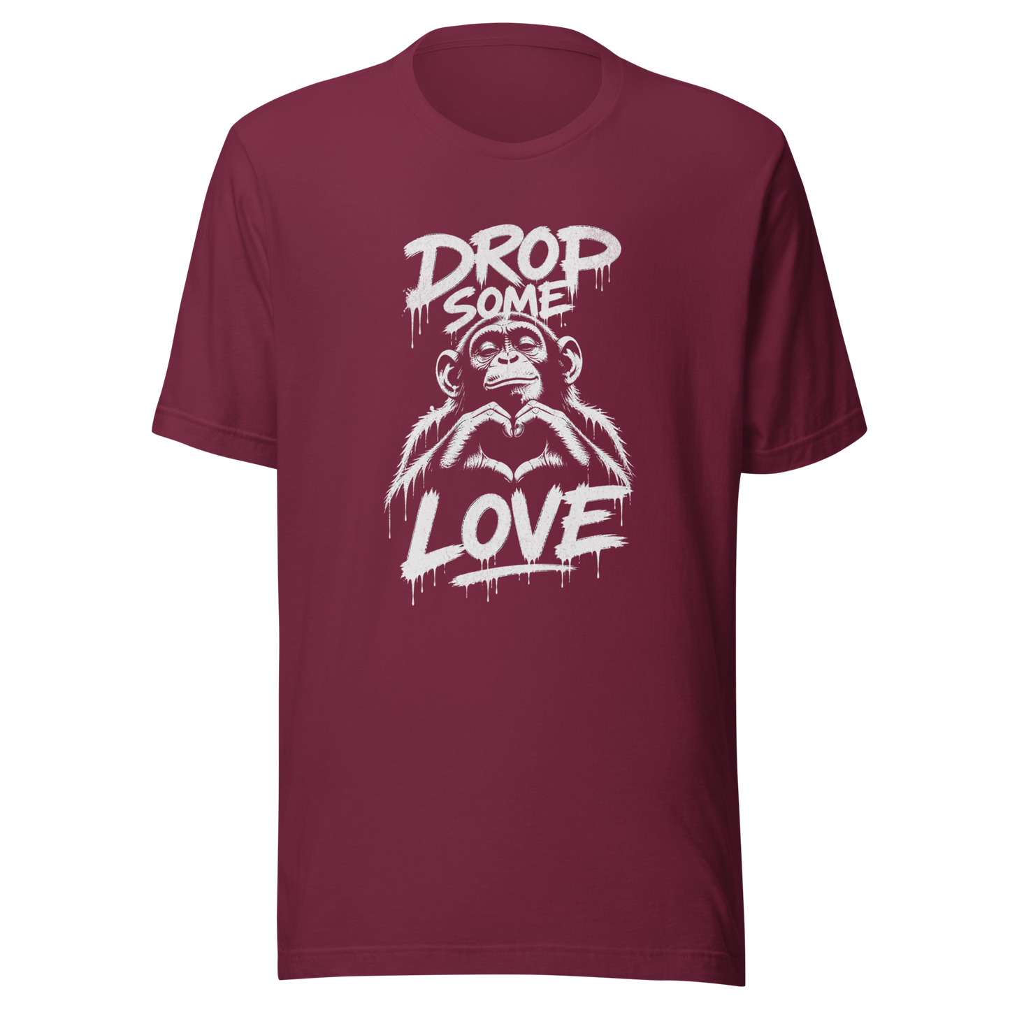 Dunkel rotes T-Shirt mit Affen der Herz formt und Drop some Love Schriftzug im Streetart style