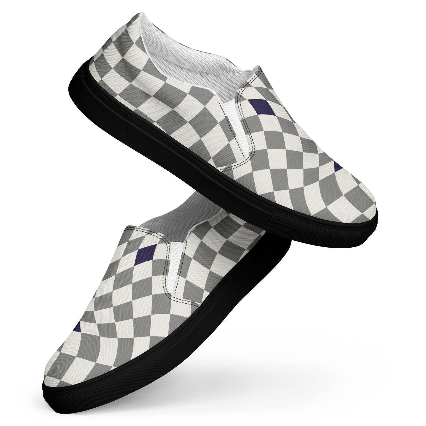 Herren Slip Ons mit grau weißem karierten Muster und schwarzem Gummirand