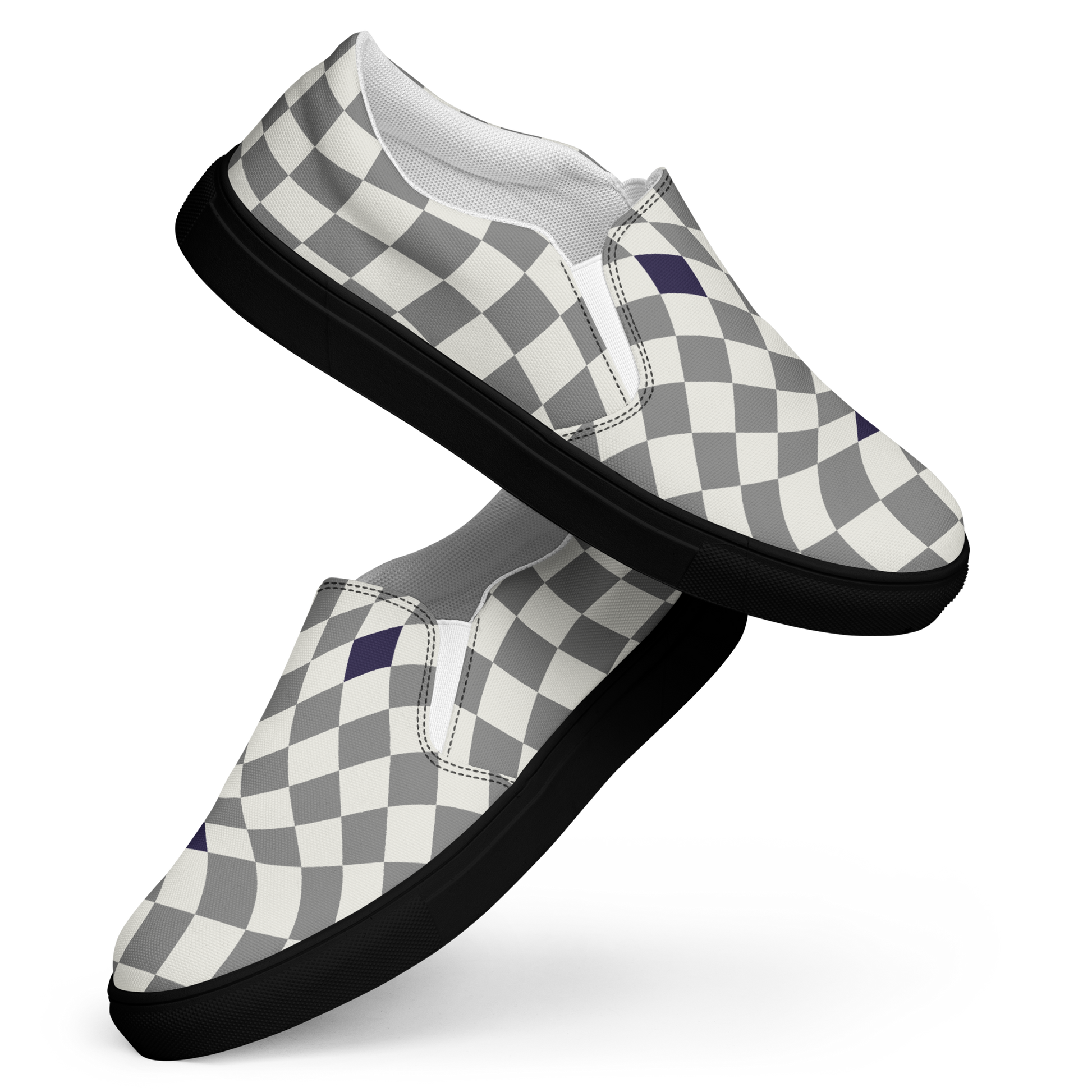 Herren Slip Ons mit grau weißem karierten Muster und schwarzem Gummirand