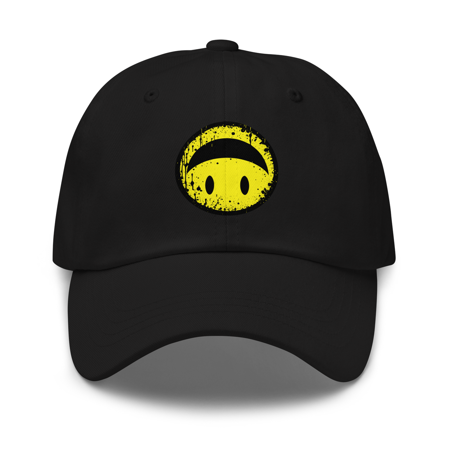 Schwarzes Cap mit gelbem Smiley das auf dem Kopf steht Print