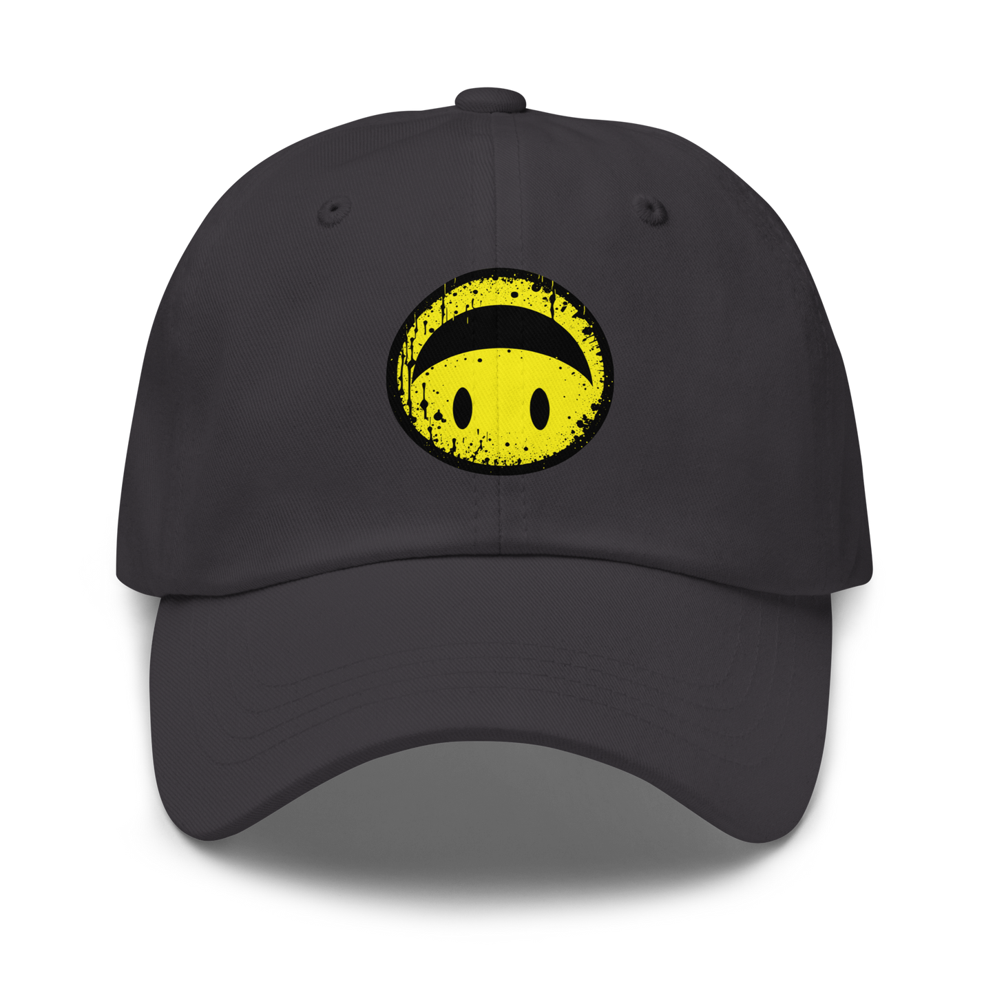 Dunkelgraues Cap mit gelbem Smiley das auf dem Kopf steht Print
