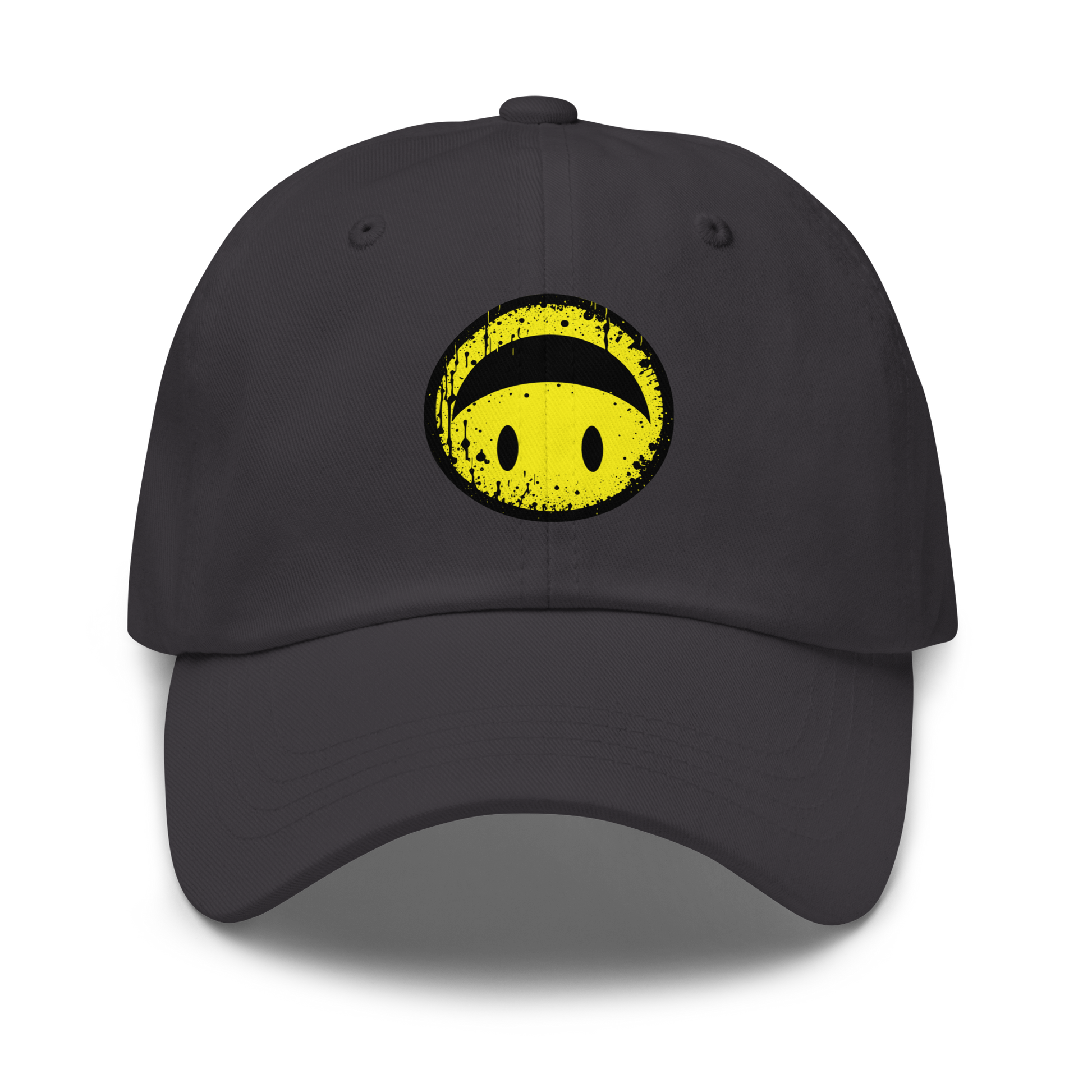 Dunkelgraues Cap mit gelbem Smiley das auf dem Kopf steht Print