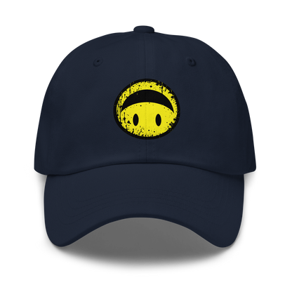 Navy Cap mit gelbem Smiley das auf dem Kopf steht Print