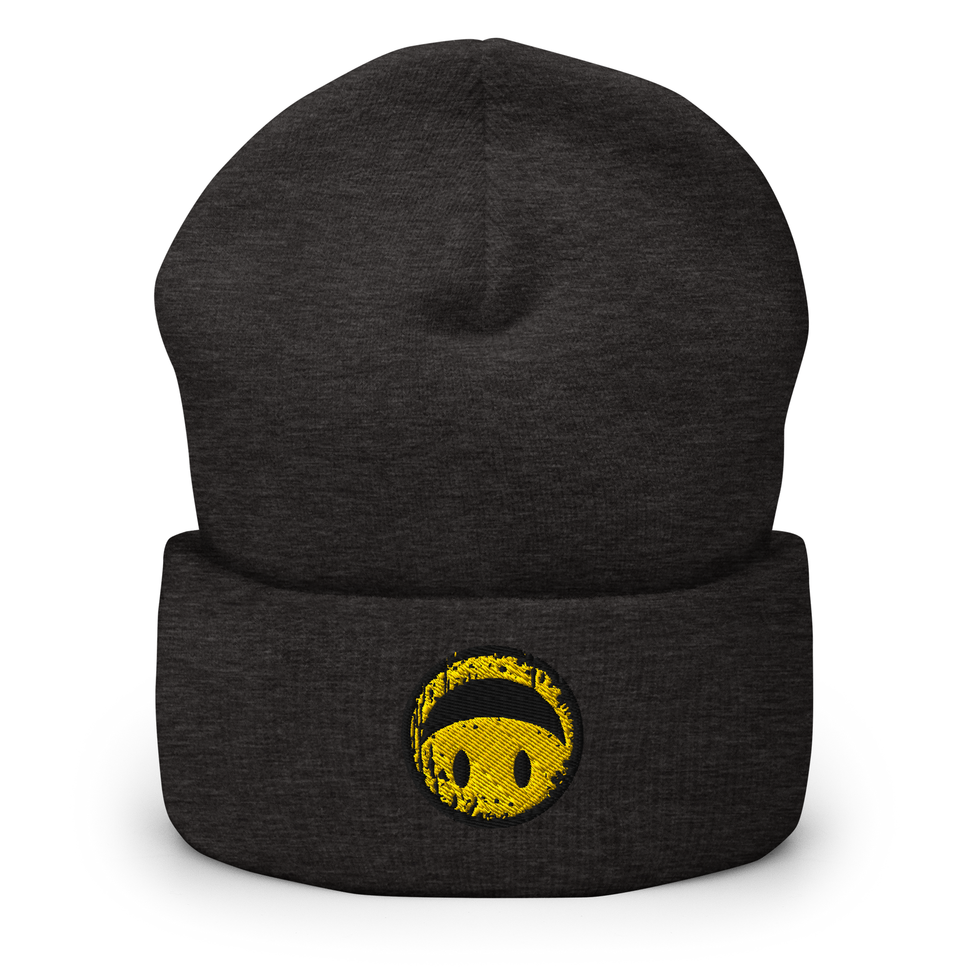 Dunkelgraues Beanie mit gelbem Smiley das auf dem Kopf steht bestickt