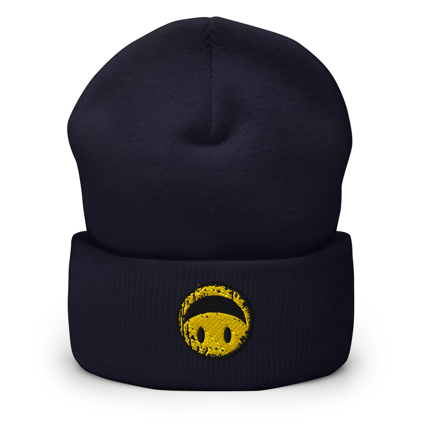 Navy Beanie mit gelbem Smiley das auf dem Kopf steht bestickt