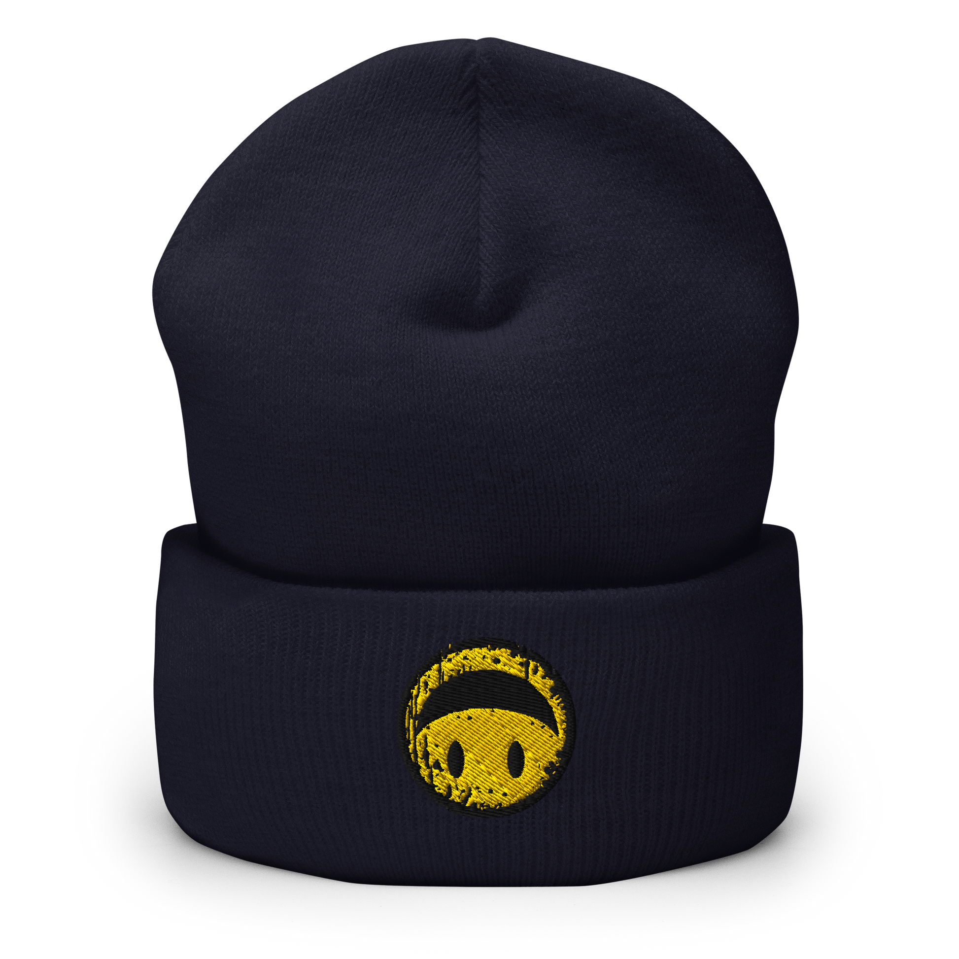 Navy Beanie mit gelbem Smiley das auf dem Kopf steht bestickt