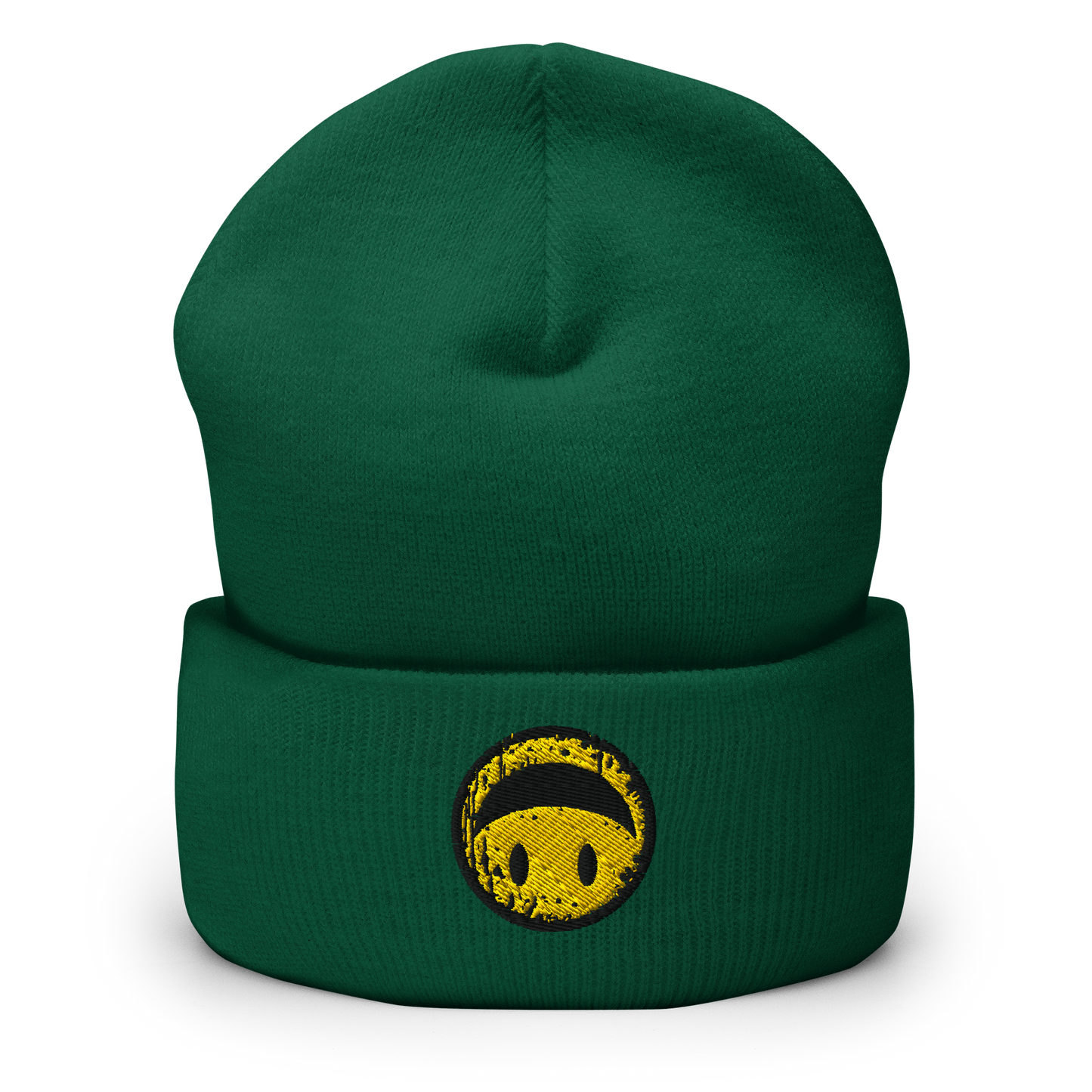 Waldgrünes Beanie mit gelbem Smiley das auf dem Kopf steht bestickt