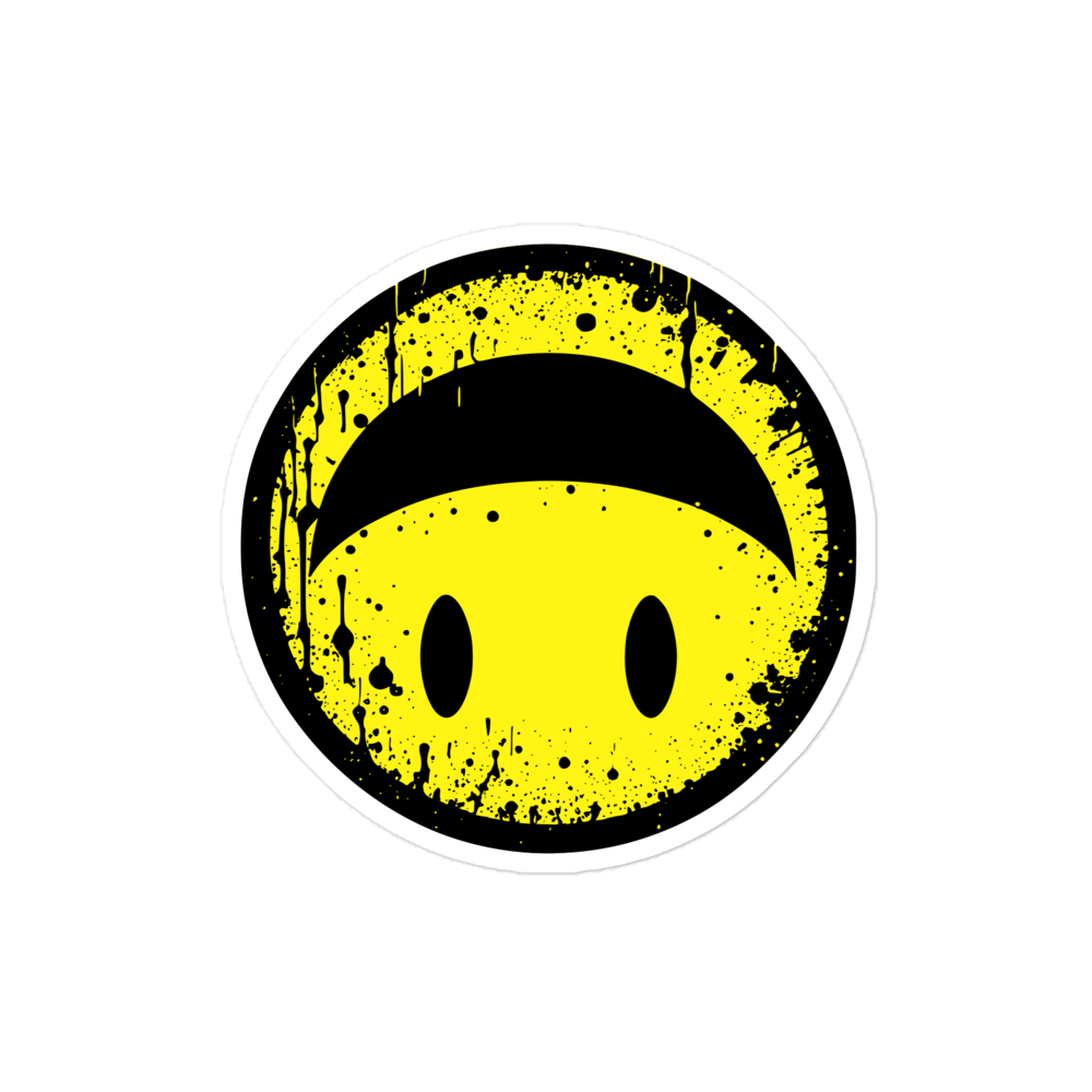 Runder Sticker mit gelbem Smiley das auf dem Kopf steht 4x4