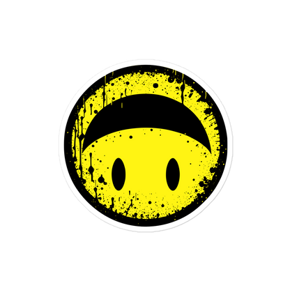Runder Sticker mit gelbem Smiley das auf dem Kopf steht 4x4