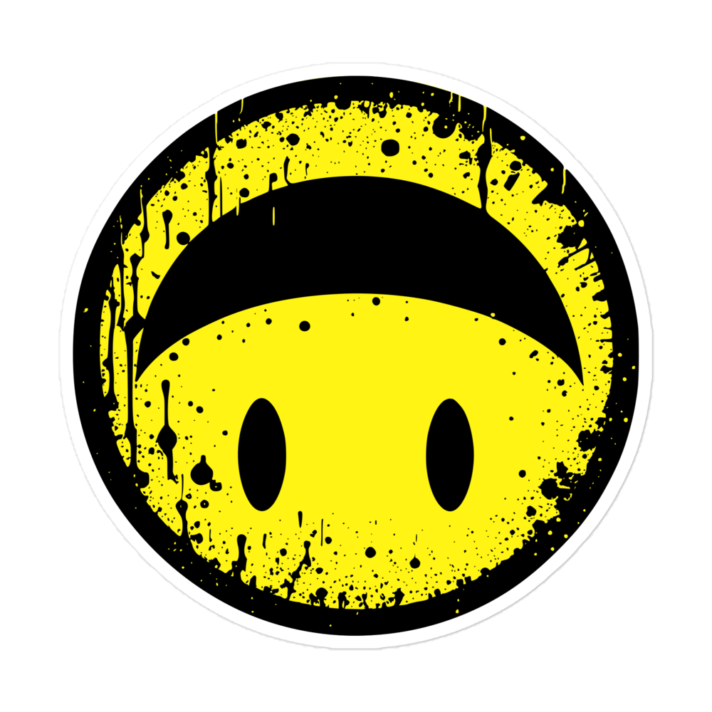 Runder Sticker mit gelbem Smiley das auf dem Kopf steht 5,5x5,5