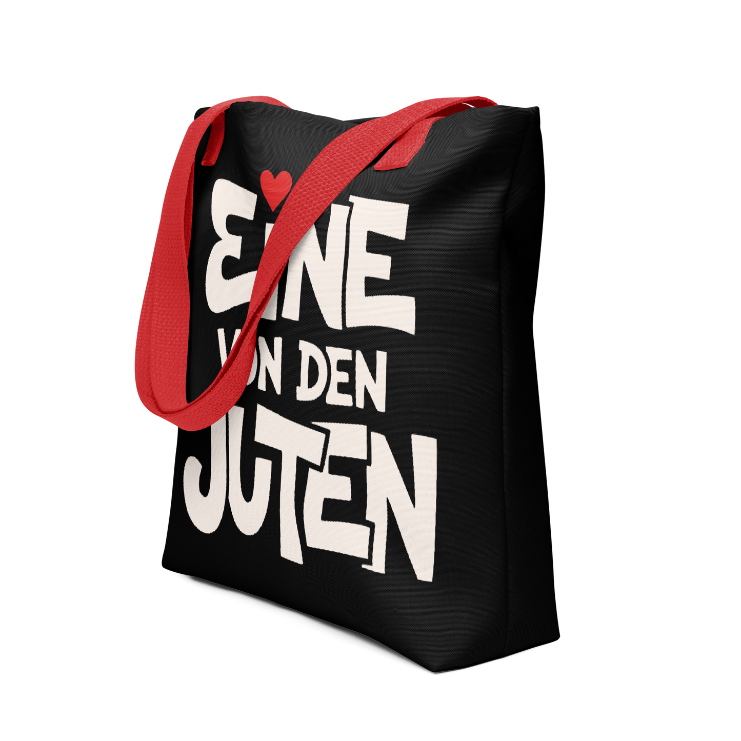 Schwarzer All-Over Stoffbeutel mit Eine von den Juten Print, mit rotem Henkel, Seitenansicht