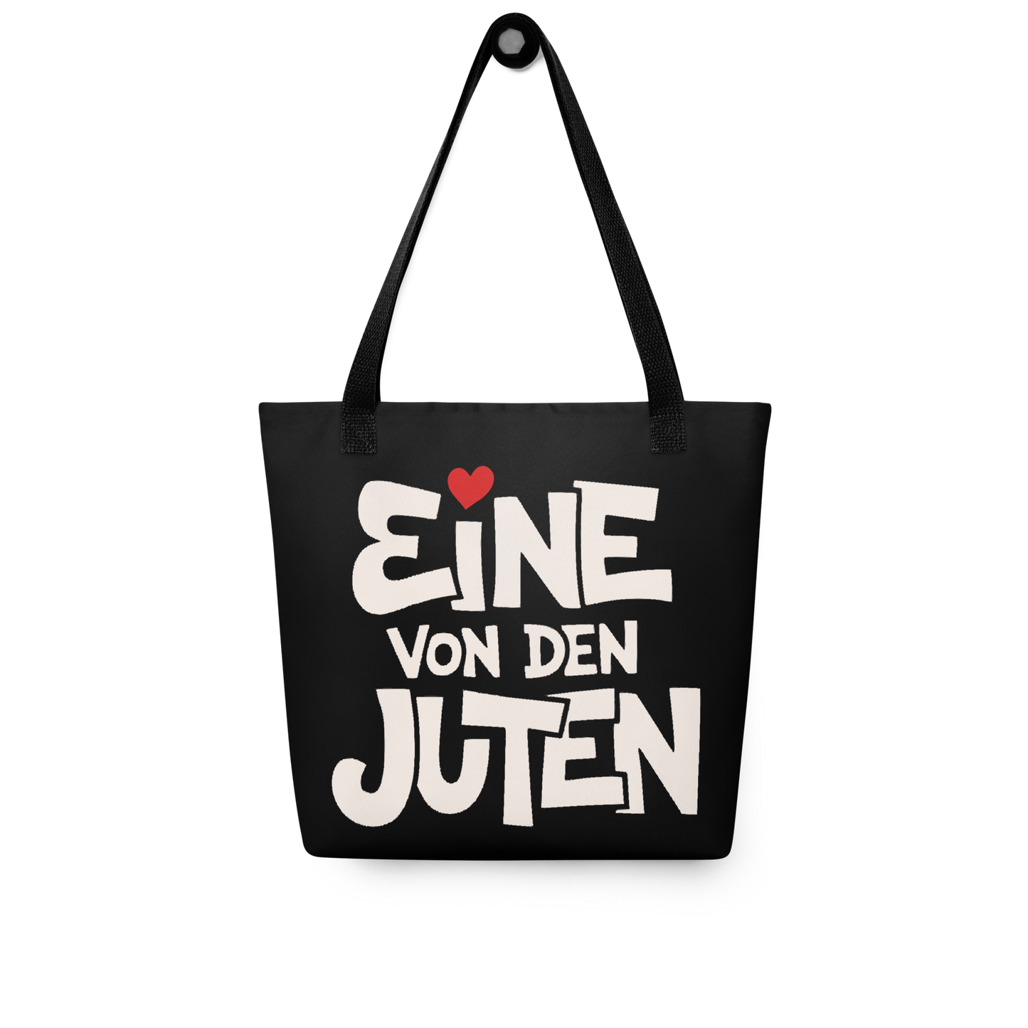 Schwarzer All-Over Stoffbeutel mit Eine von den Juten Print, mit schwarzem Henkel