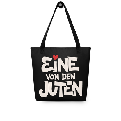 Schwarzer All-Over Stoffbeutel mit Eine von den Juten Print, mit schwarzem Henkel