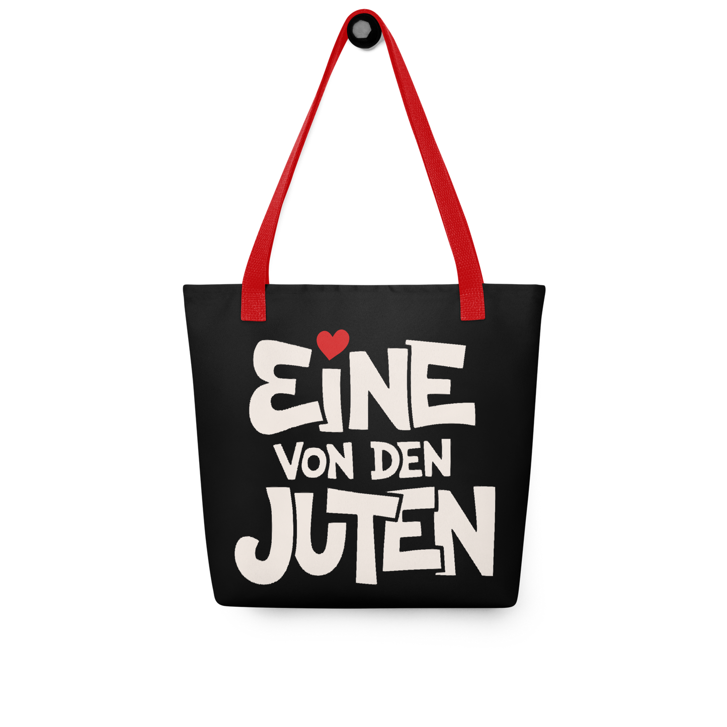 Schwarzer All-Over Stoffbeutel mit Eine von den Juten Print, mit rotem Henkel