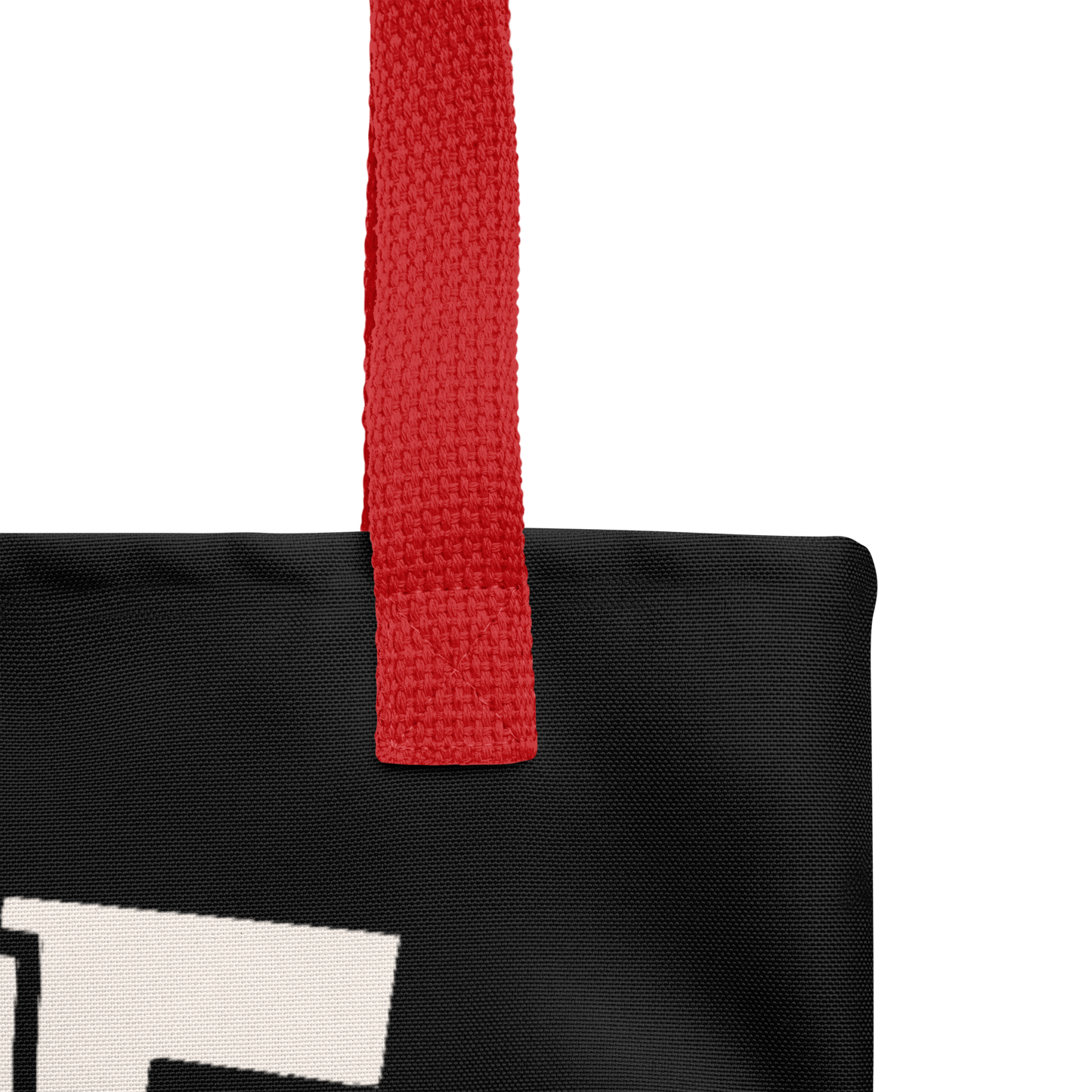 Schwarzer All-Over Stoffbeutel mit Eine von den Juten Print, mit rotem Henkel, Nahaufnahme