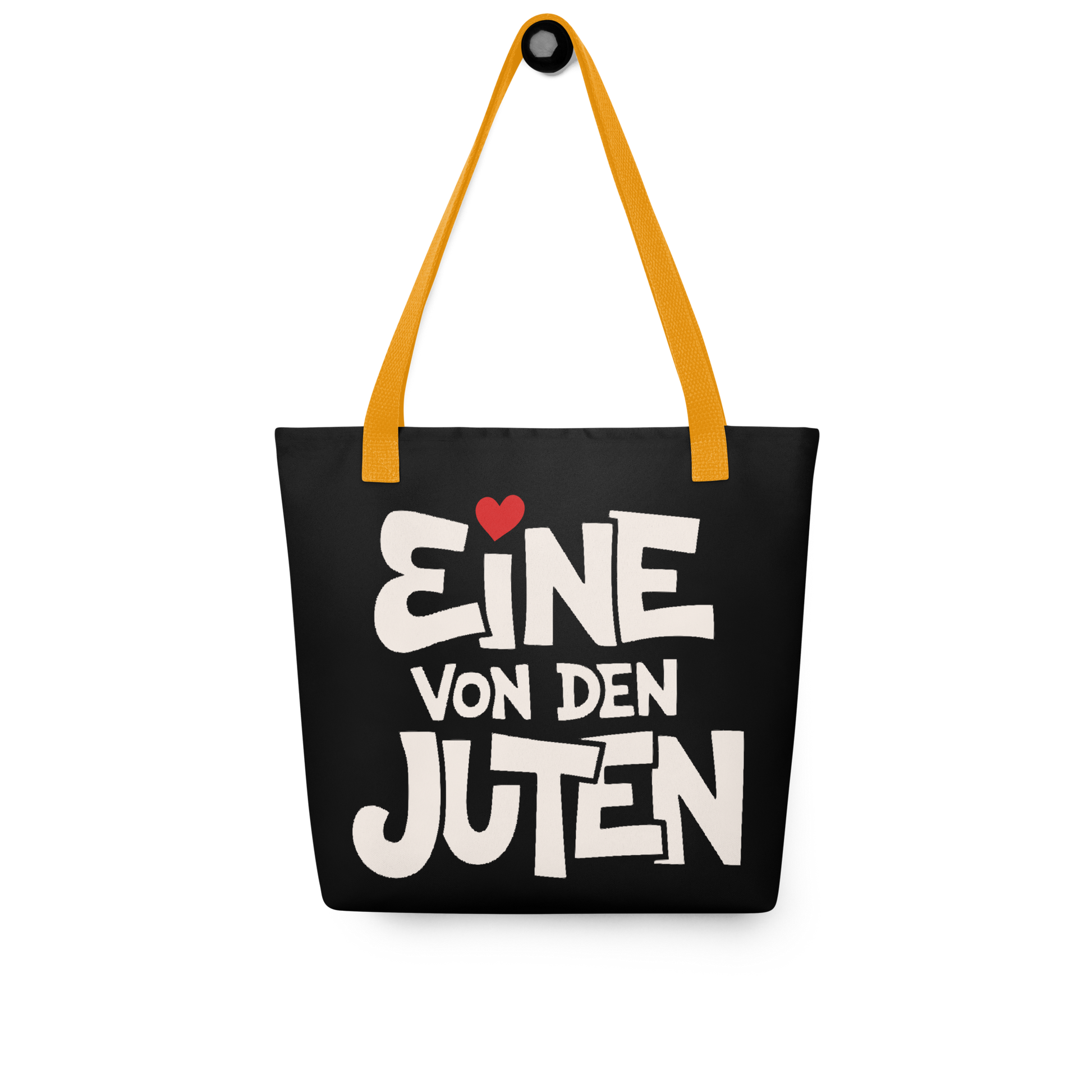 Schwarzer All-Over Stoffbeutel mit Eine von den Juten Print, mit orangem Henkel