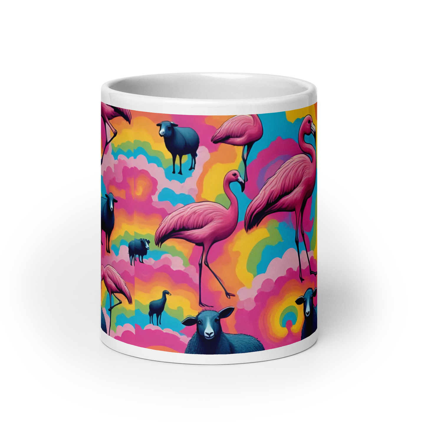 Große weiße Tasse mit bunten Wolken und Flamingos und schwarzen Schafen