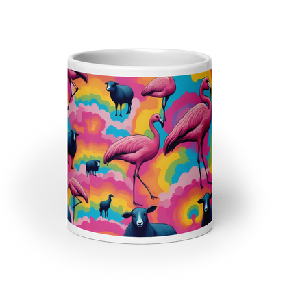 Große weiße Tasse mit bunten Wolken und Flamingos und schwarzen Schafen