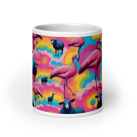 Große weiße Tasse mit bunten Wolken und Flamingos und schwarzen Schafen