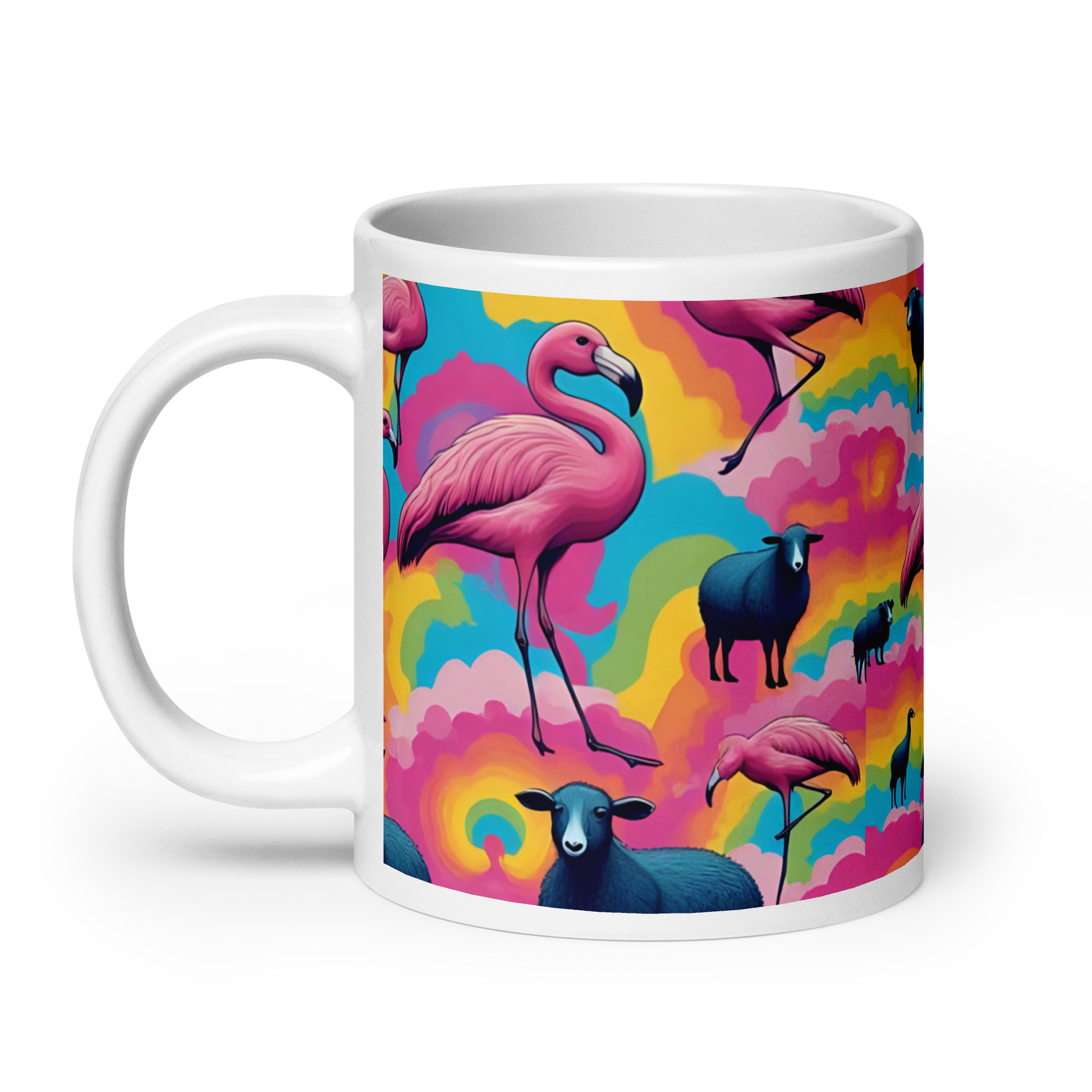 Große weiße Tasse mit bunten Wolken und Flamingos und schwarzen Schafen Ansicht links