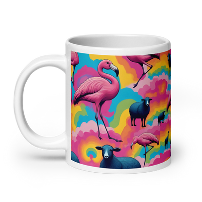 Große weiße Tasse mit bunten Wolken und Flamingos und schwarzen Schafen Ansicht links