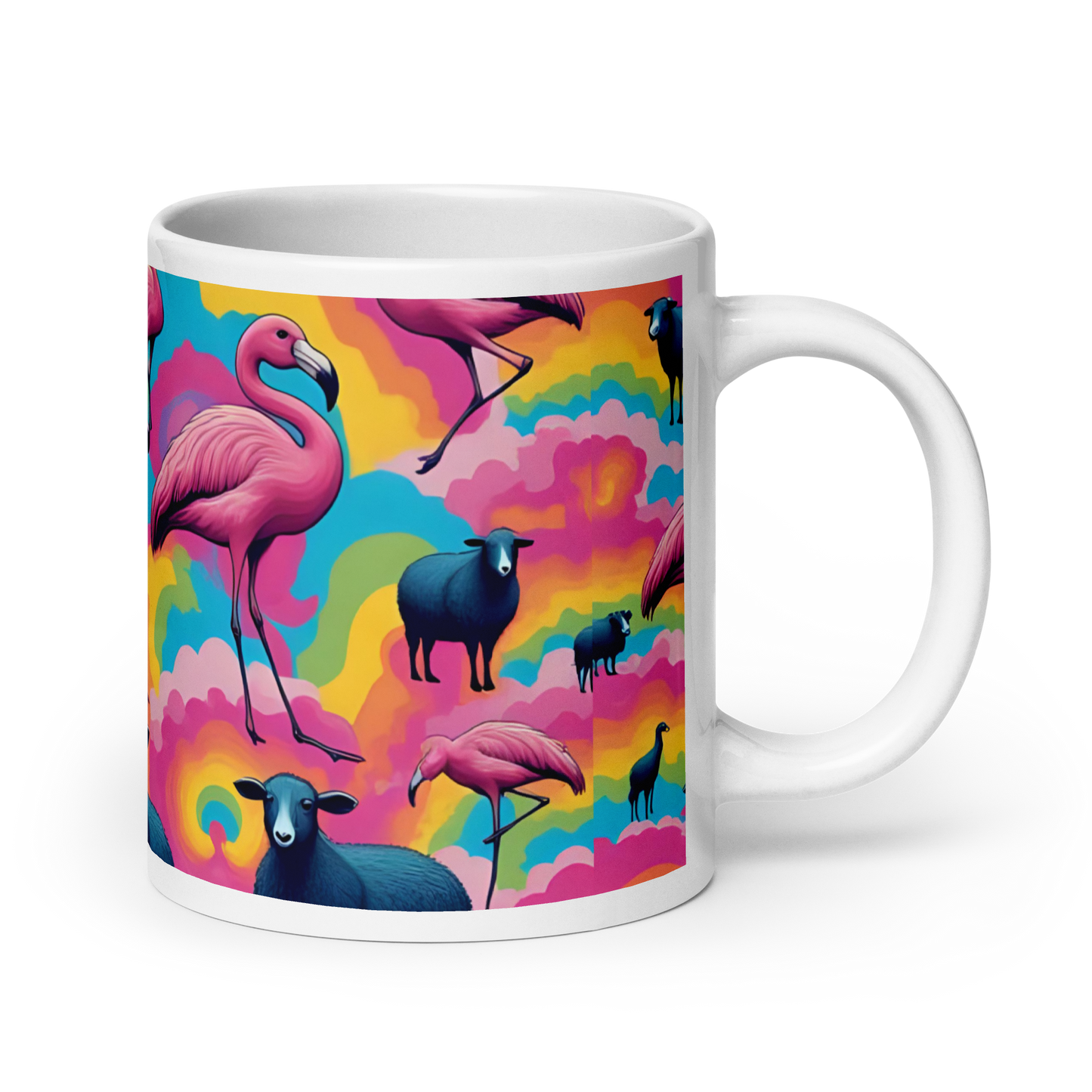 Große weiße Tasse mit bunten Wolken und Flamingos und schwarzen Schafen Ansicht rechts