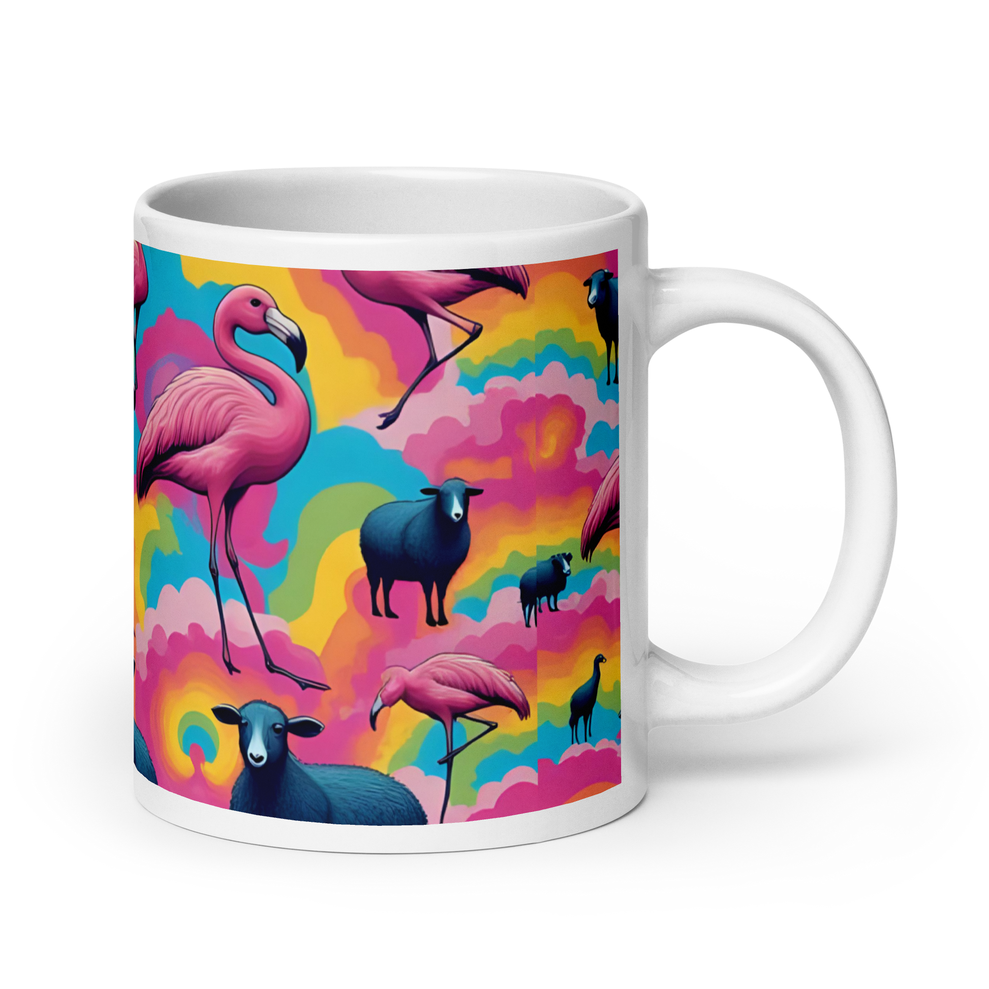 Große weiße Tasse mit bunten Wolken und Flamingos und schwarzen Schafen Ansicht rechts