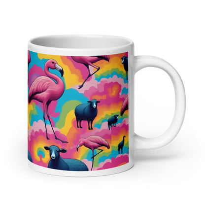 Große weiße Tasse mit bunten Wolken und Flamingos und schwarzen Schafen Ansicht rechts