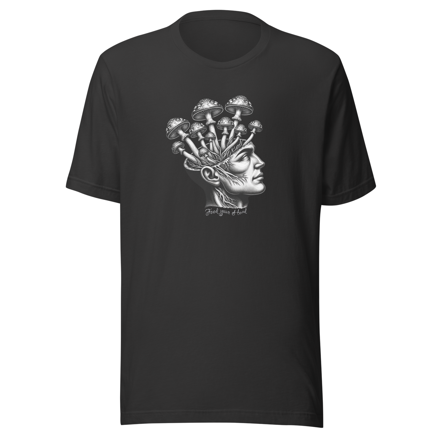 Graues T-Shirt mit Kopf aus dem Pilze wachsen und Feed Your Head Schriftzug