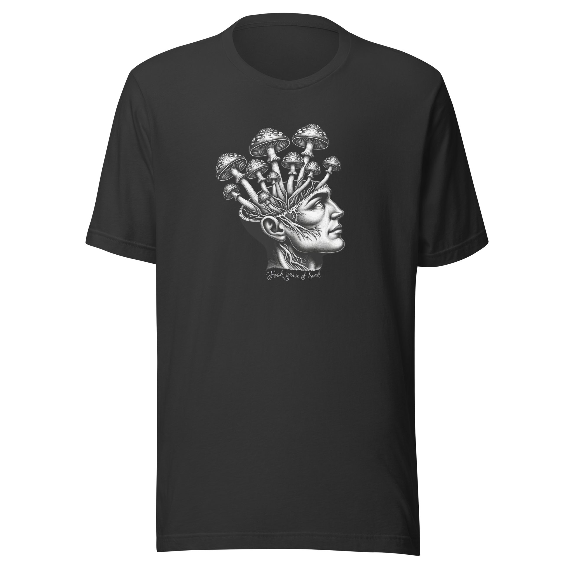Graues T-Shirt mit Kopf aus dem Pilze wachsen und Feed Your Head Schriftzug