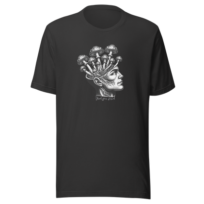 Graues T-Shirt mit Kopf aus dem Pilze wachsen und Feed Your Head Schriftzug