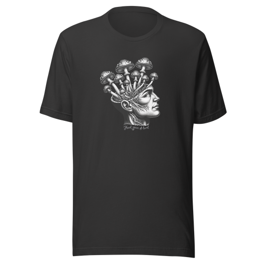 Graues T-Shirt mit Kopf aus dem Pilze wachsen und Feed Your Head Schriftzug